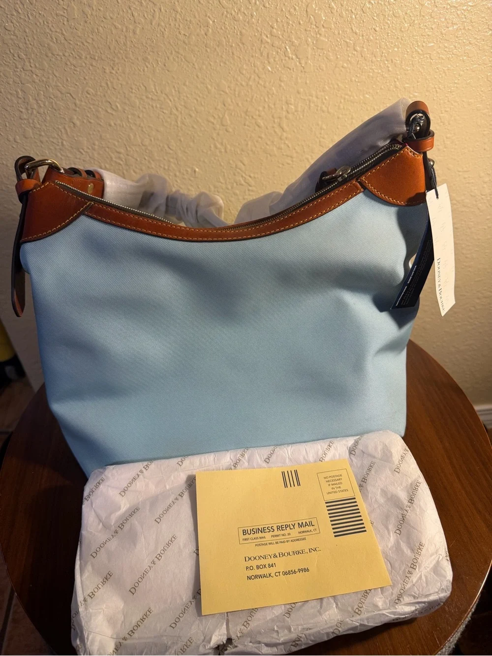 Dooney & Bourke Light Blue Shoulder Bag with Brown Leather Trim